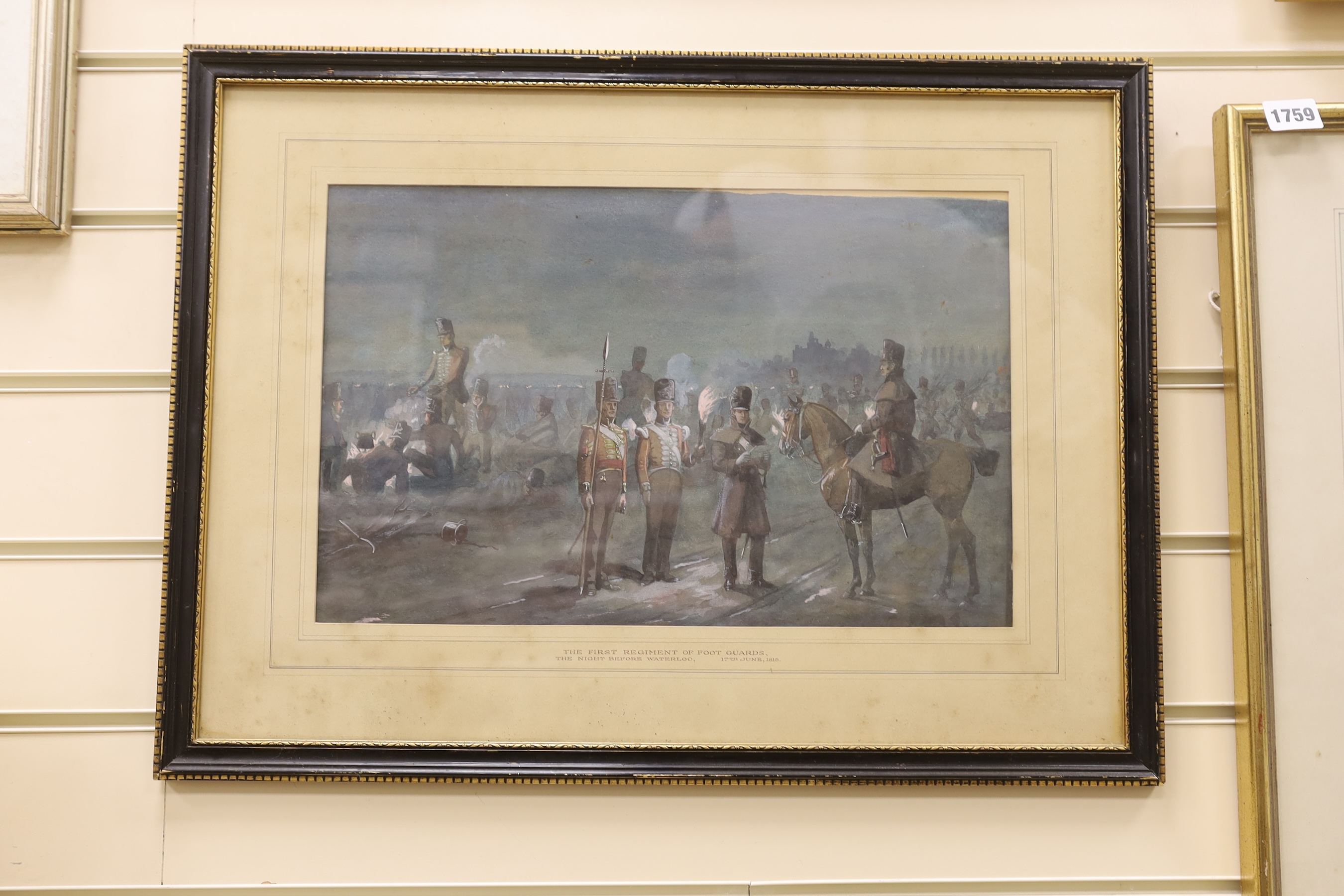 Richard Simkin (1840-1926), watercolour, ‘’The First Regiment of Foot Guards, the night before Waterloo, 17th June, 1815’’, signed, 26 x 40cm